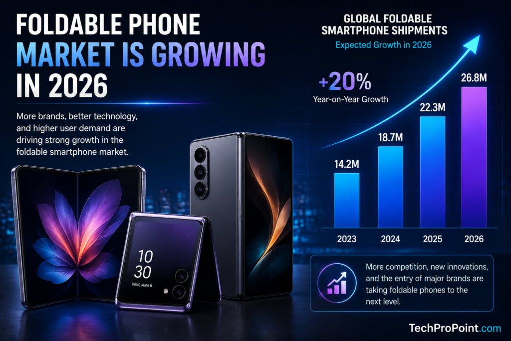 Foldable phones in 2026 with book style and flip style smartphones showing premium design and future mobile technology