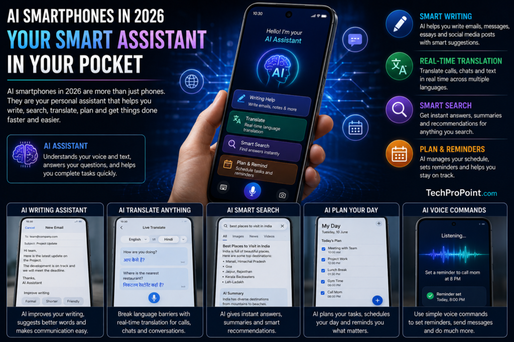 AI smartphones in 2026 with smart camera, voice assistant, privacy protection and AI mobile technology features