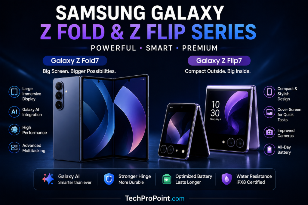 Foldable phones in 2026 with book style and flip style smartphones showing premium design and future mobile technology