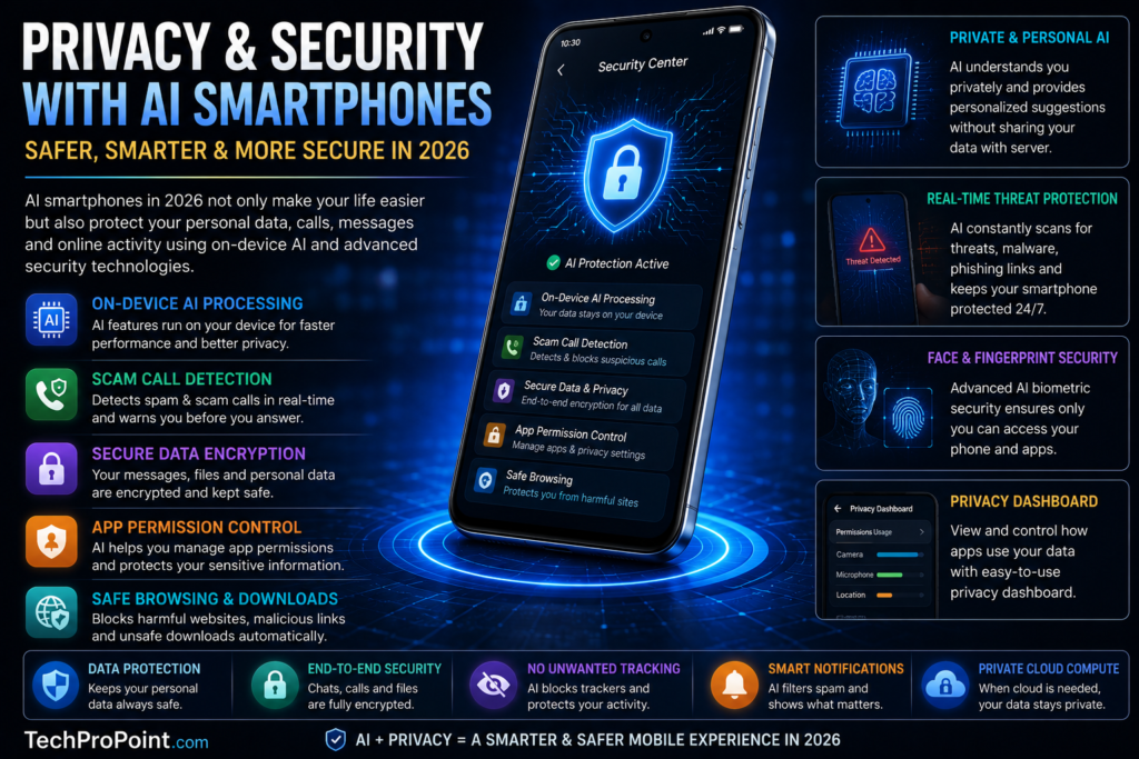 AI smartphones in 2026 with smart camera, voice assistant, privacy protection and AI mobile technology features
