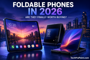 Foldable phones in 2026 with book style and flip style smartphones showing premium design and future mobile technology