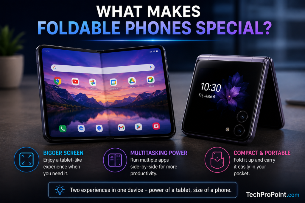 Foldable phones in 2026 with book style and flip style smartphones showing premium design and future mobile technology
