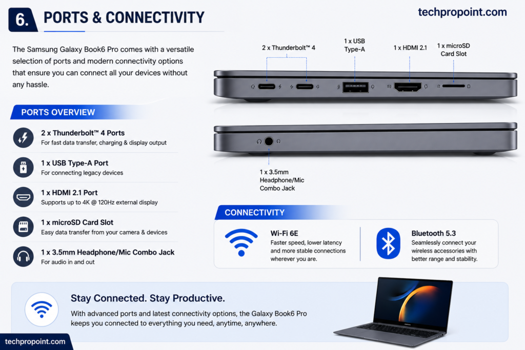Samsung Galaxy Book6 Pro Thunderbolt 4 HDMI 2.1 and USB ports