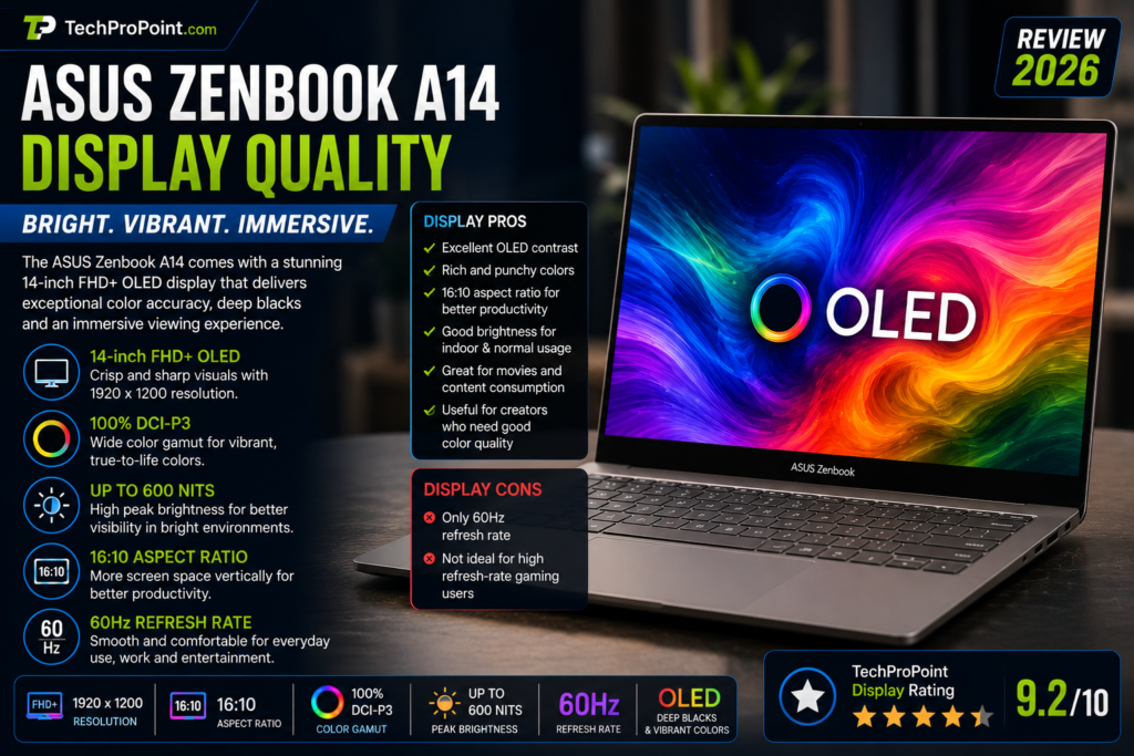 ASUS Zenbook A14 Review 2026 showing premium lightweight design, OLED display, Snapdragon X2 Elite performance, AI features, long battery life, ports, keyboard and TechProPoint rating