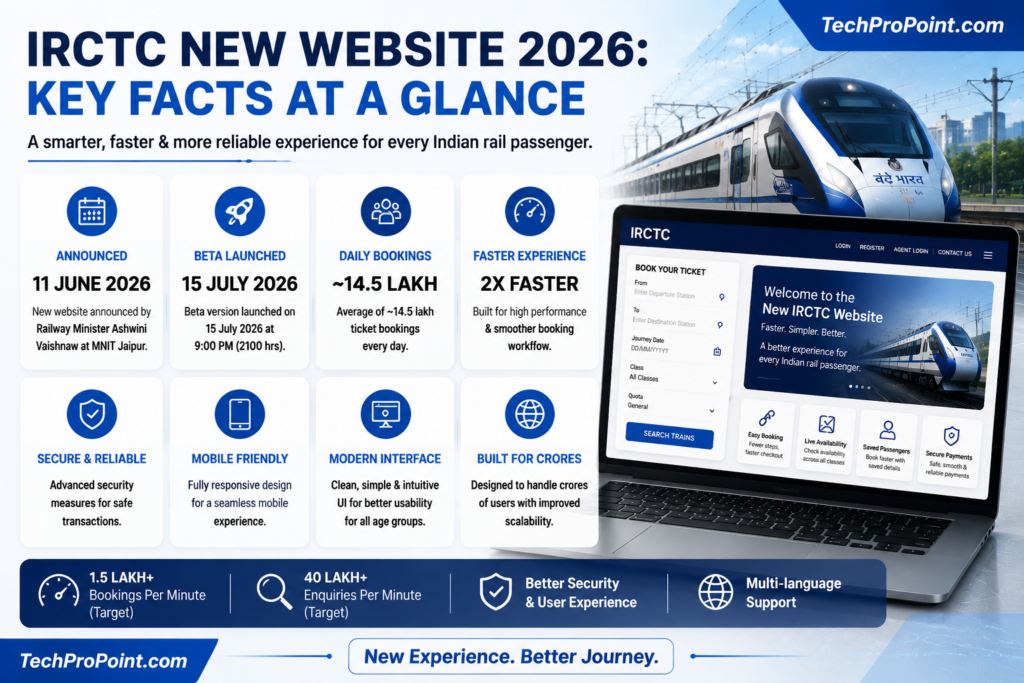 Infographic highlighting key facts and official updates about the IRCTC New Website 2026