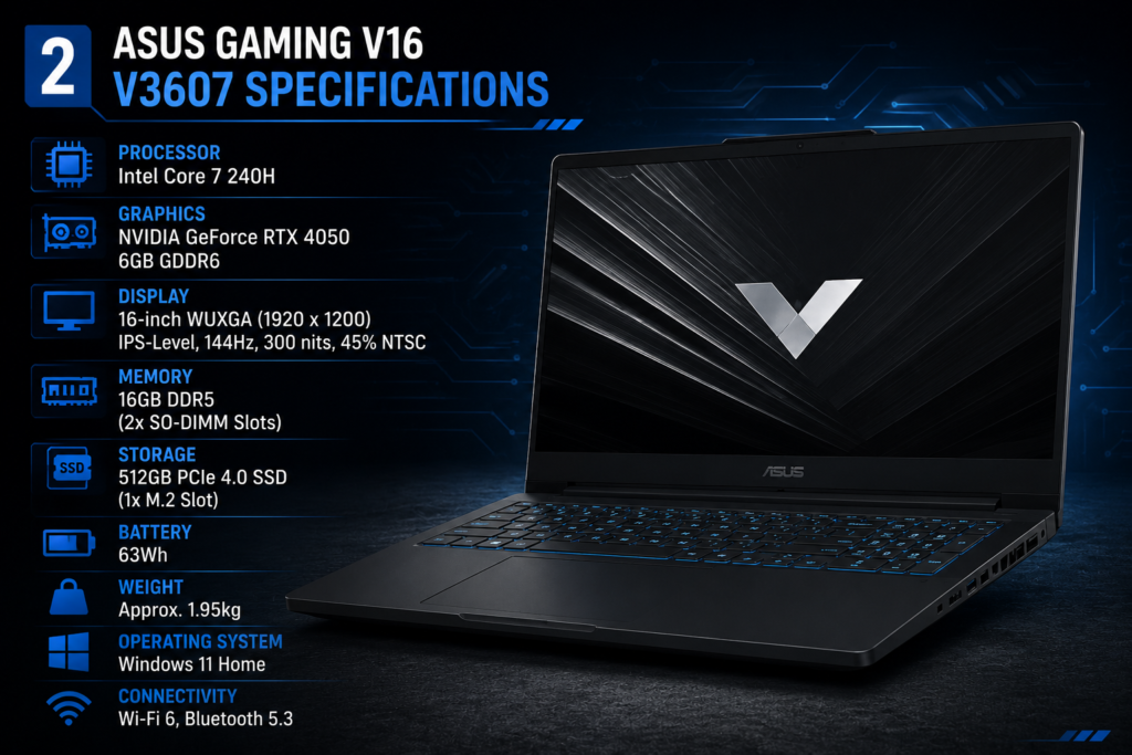 ASUS Gaming V16 V3607 specifications with Core 7 240H and RTX 4050