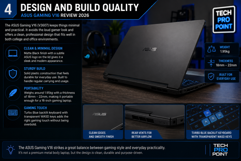 ASUS Gaming V16 matte black design and build quality