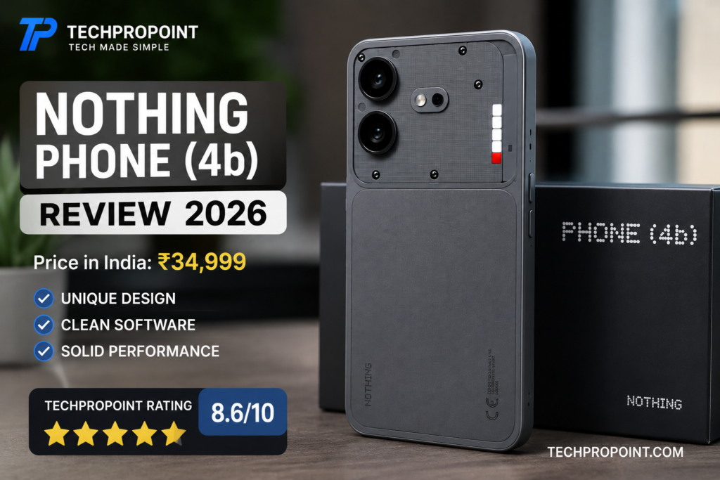 Nothing Phone (4b) review 2026 with design, display, performance, camera, battery, software, pros and cons, and TechProPoint rating