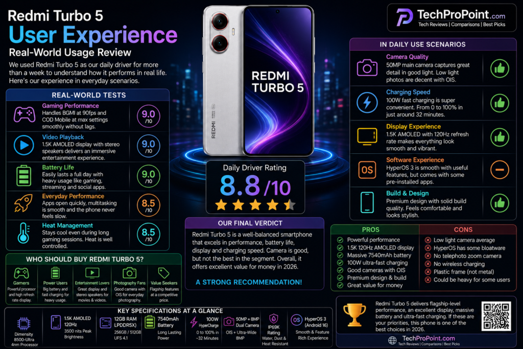 Redmi Turbo 5 review with Dimensity 8500-Ultra processor, 7540mAh battery, 100W charging and TechProPoint rating
