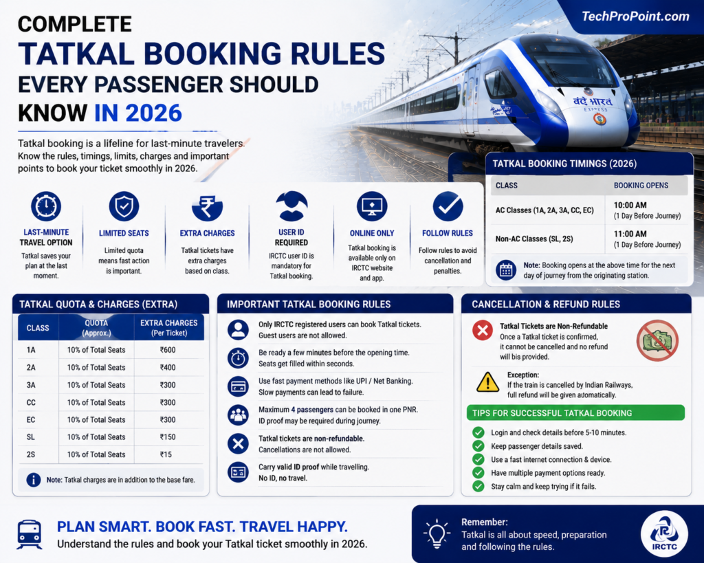 Complete IRCTC Tatkal booking rules for 2026 including booking timings, Aadhaar verification, and important passenger guidelines