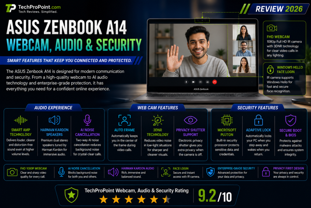 ASUS Zenbook A14 Review 2026 showing premium lightweight design, OLED display, Snapdragon X2 Elite performance, AI features, long battery life, ports, keyboard and TechProPoint rating