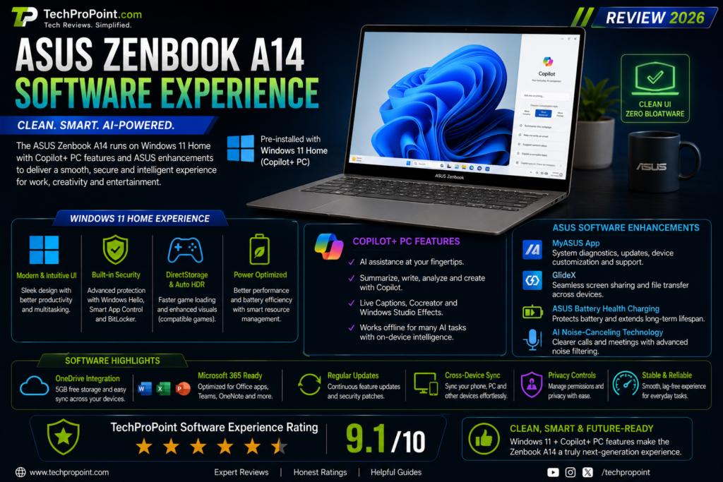 ASUS Zenbook A14 Review 2026 showing premium lightweight design, OLED display, Snapdragon X2 Elite performance, AI features, long battery life, ports, keyboard and TechProPoint rating