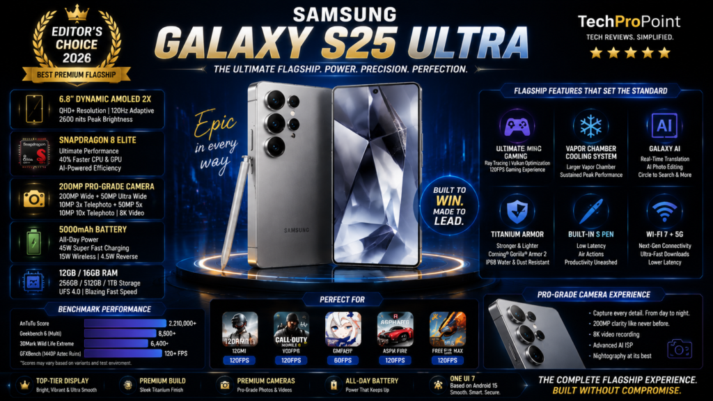 Samsung Galaxy S25 Ultra gaming and flagship smartphone with Dynamic AMOLED 2X display, Snapdragon 8 Elite for Galaxy and premium camera system