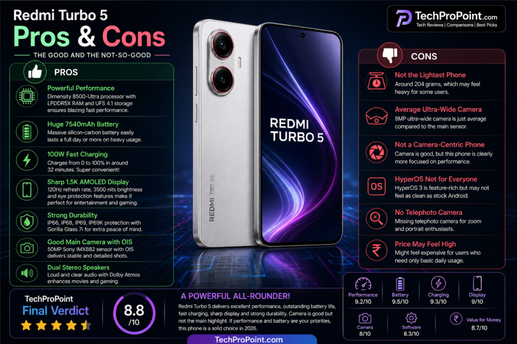 Redmi Turbo 5 review with Dimensity 8500-Ultra processor, 7540mAh battery, 100W charging and TechProPoint rating