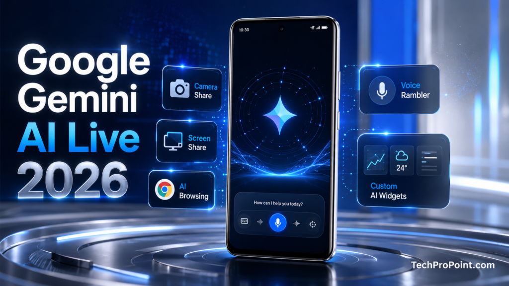 Google Gemini AI latest update with futuristic artificial intelligence interface, smartphone, laptop, glowing AI icons and TechProPoint watermark