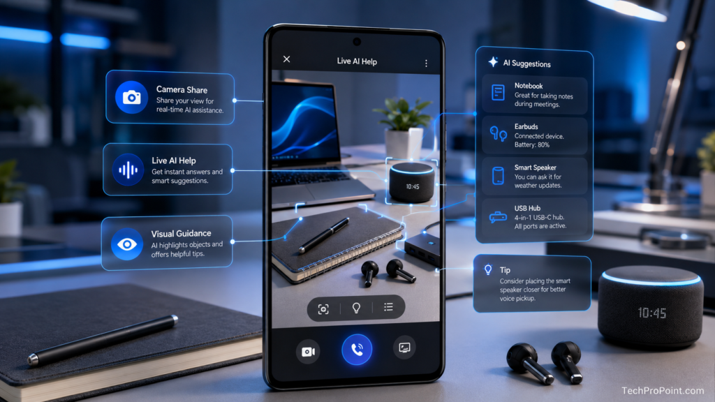 Google Gemini AI latest update with futuristic artificial intelligence interface, smartphone, laptop, glowing AI icons and TechProPoint watermark