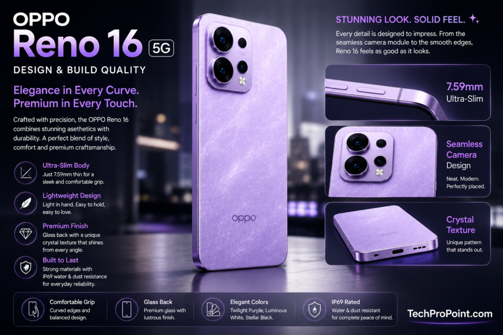 OPPO Reno 16 Review showing premium design, AMOLED display, triple camera setup, 6700mAh battery, 80W fast charging, AI features, gaming performance and final verdict.