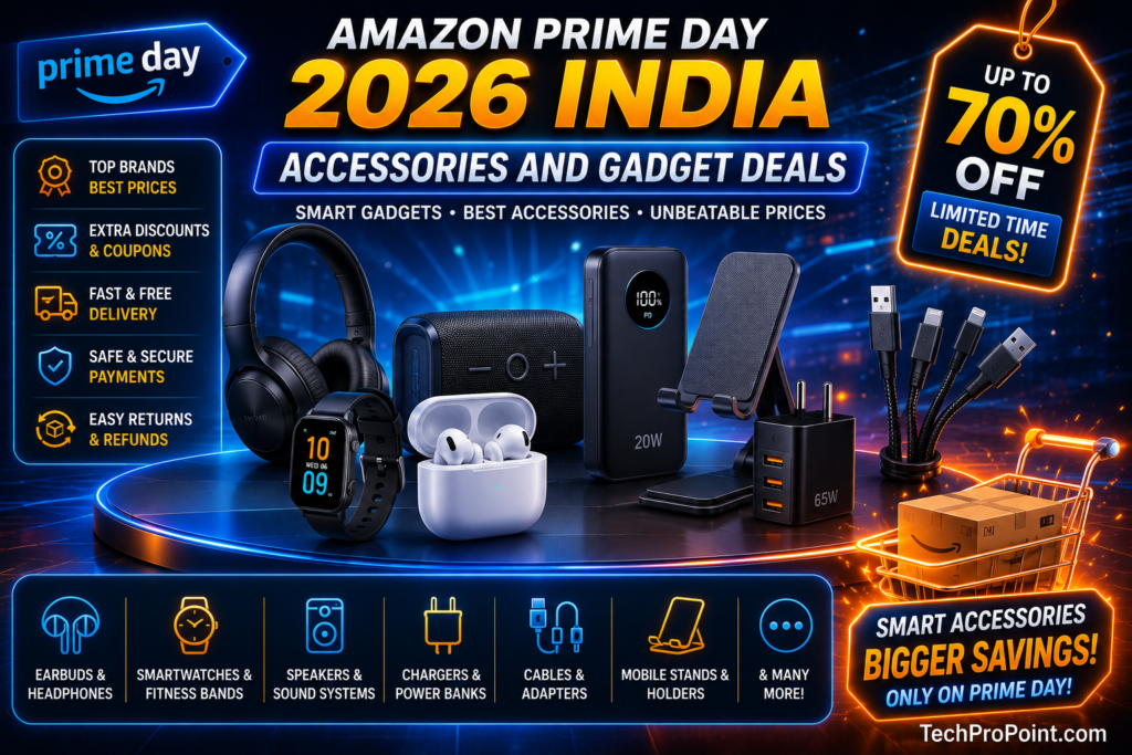 Amazon Prime Day 2026 India Tech Deals image showing smartphones, laptops, earbuds, smartwatch, accessories, bank offers, discount tags and TechProPoint watermark.
