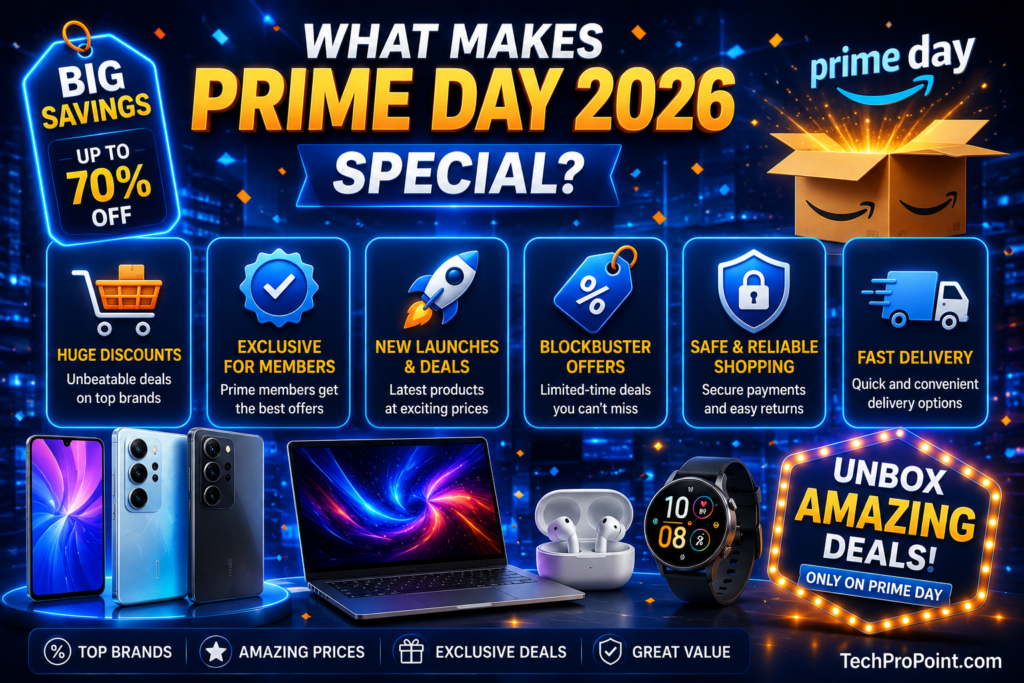Amazon Prime Day 2026 India Tech Deals image showing smartphones, laptops, earbuds, smartwatch, accessories, bank offers, discount tags and TechProPoint watermark.