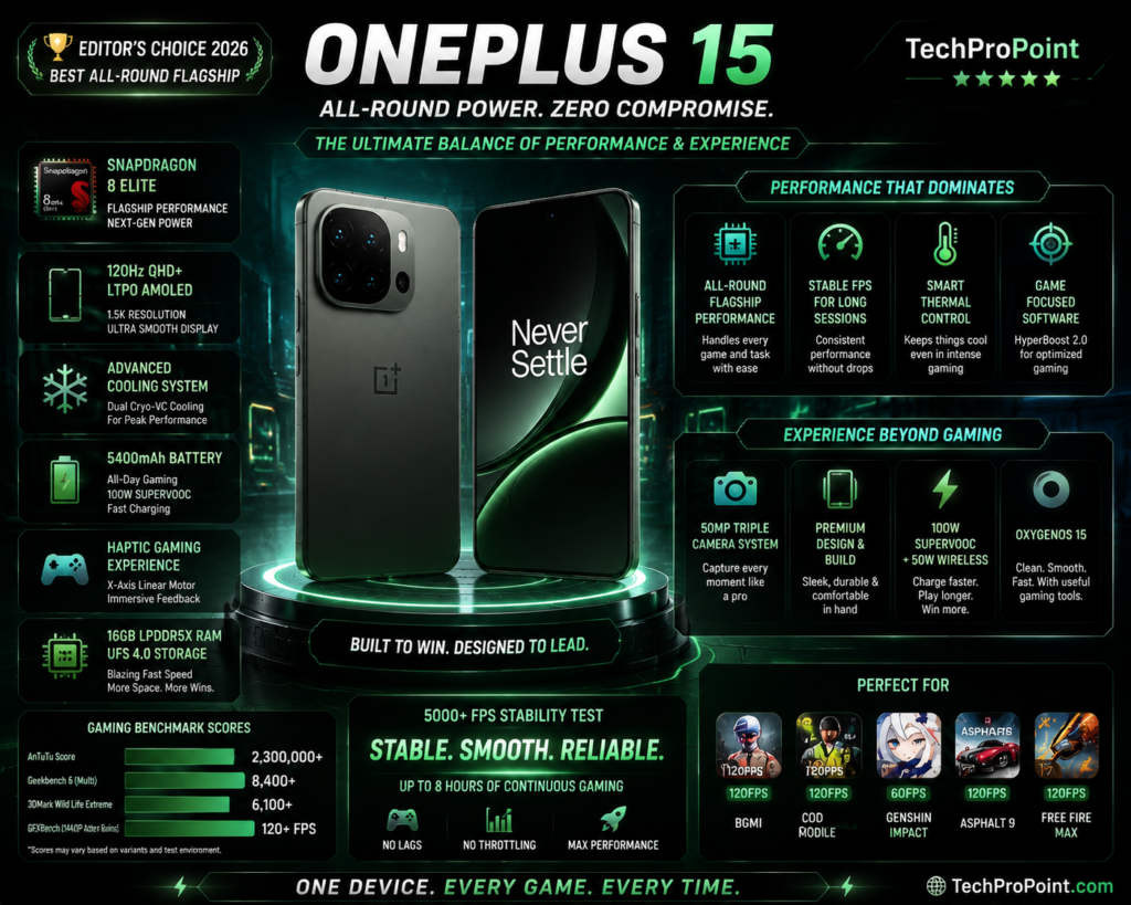 OnePlus 15 flagship smartphone with Snapdragon 8 Elite Gen 5, LTPO AMOLED display, 7300mAh battery and 120W charging – Best All-Round Gaming Phone