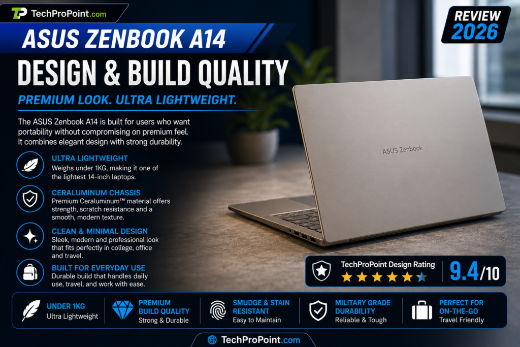 ASUS Zenbook A14 Review 2026 showing premium lightweight design, OLED display, Snapdragon X2 Elite performance, AI features, long battery life, ports, keyboard and TechProPoint rating