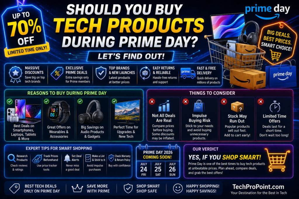 Amazon Prime Day 2026 India Tech Deals image showing smartphones, laptops, earbuds, smartwatch, accessories, bank offers, discount tags and TechProPoint watermark.