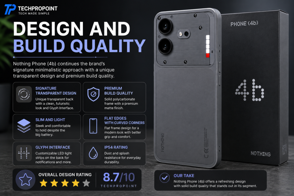 Nothing Phone (4b) review 2026 with design, display, performance, camera, battery, software, pros and cons, and TechProPoint rating