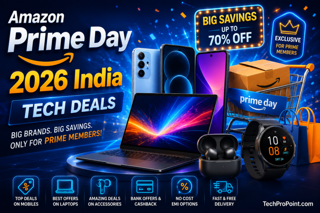 Amazon Prime Day 2026 India Tech Deals image showing smartphones, laptops, earbuds, smartwatch, accessories, bank offers, discount tags and TechProPoint watermark.