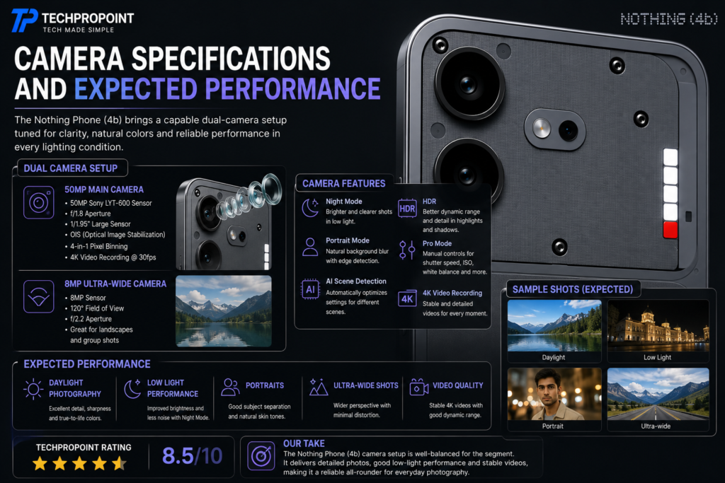 Nothing Phone (4b) review 2026 with design, display, performance, camera, battery, software, pros and cons, and TechProPoint rating