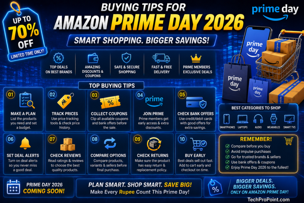 Amazon Prime Day 2026 India Tech Deals image showing smartphones, laptops, earbuds, smartwatch, accessories, bank offers, discount tags and TechProPoint watermark.