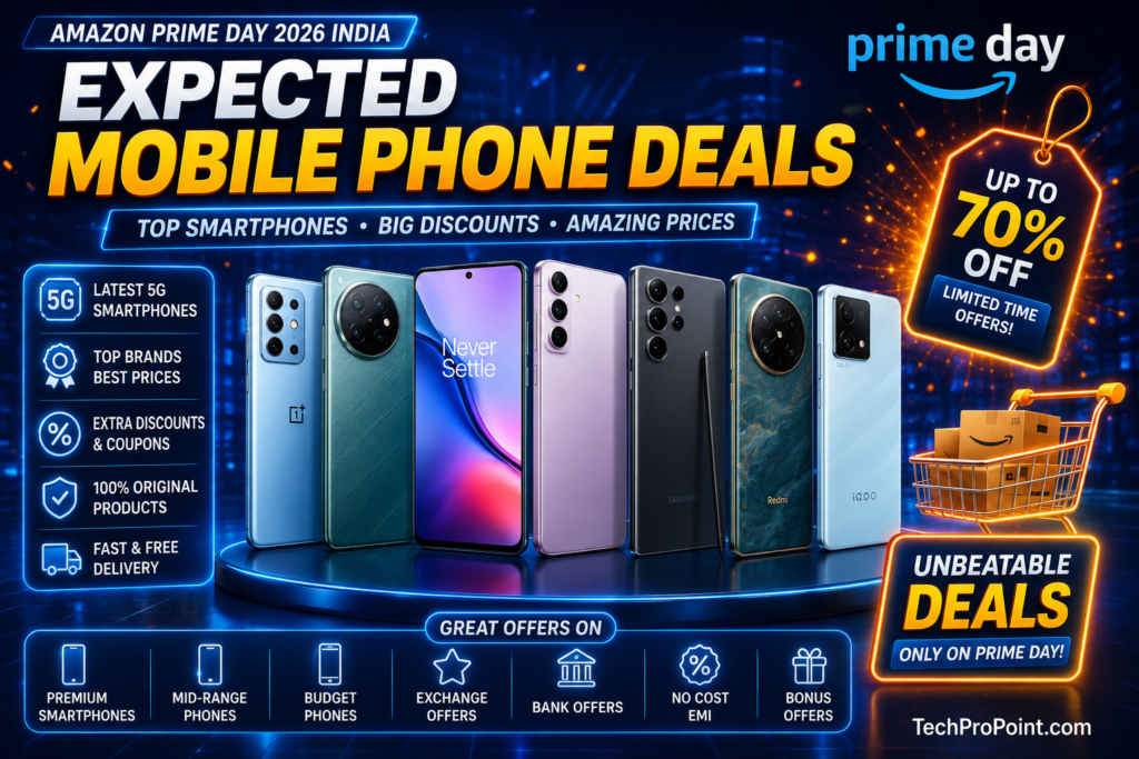 Amazon Prime Day 2026 India Tech Deals image showing smartphones, laptops, earbuds, smartwatch, accessories, bank offers, discount tags and TechProPoint watermark.