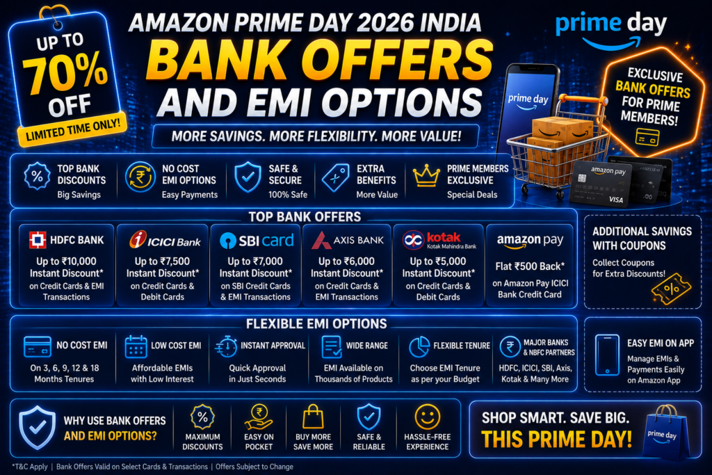Amazon Prime Day 2026 India Tech Deals image showing smartphones, laptops, earbuds, smartwatch, accessories, bank offers, discount tags and TechProPoint watermark.