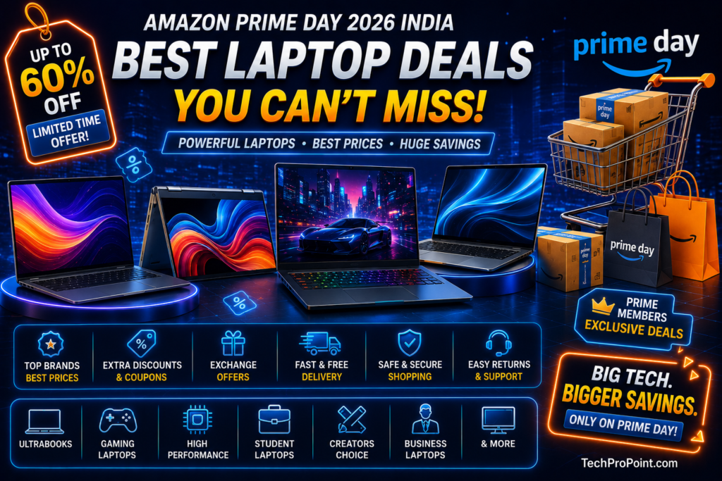 Amazon Prime Day 2026 India Tech Deals image showing smartphones, laptops, earbuds, smartwatch, accessories, bank offers, discount tags and TechProPoint watermark.