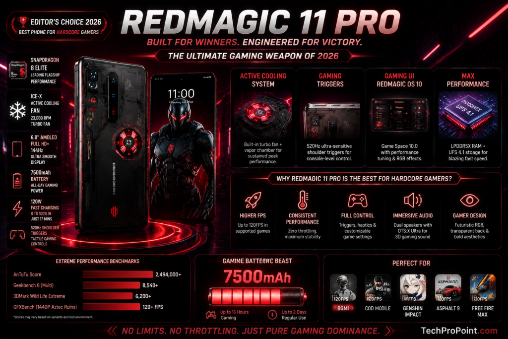 RedMagic 11 Pro gaming phone featuring active cooling fan, shoulder triggers, Snapdragon 8 Elite Gen 5 and 7500mAh battery – Best Hardcore Gaming Phone