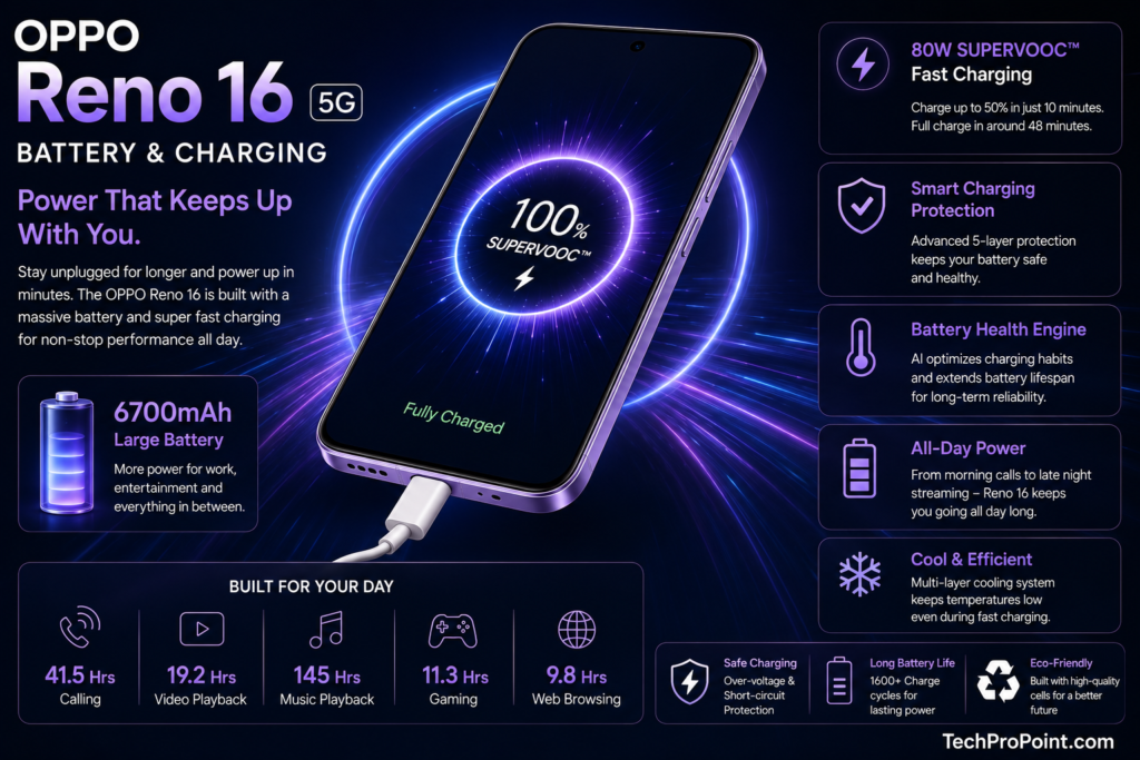 OPPO Reno 16 Review showing premium design, AMOLED display, triple camera setup, 6700mAh battery, 80W fast charging, AI features, gaming performance and final verdict.