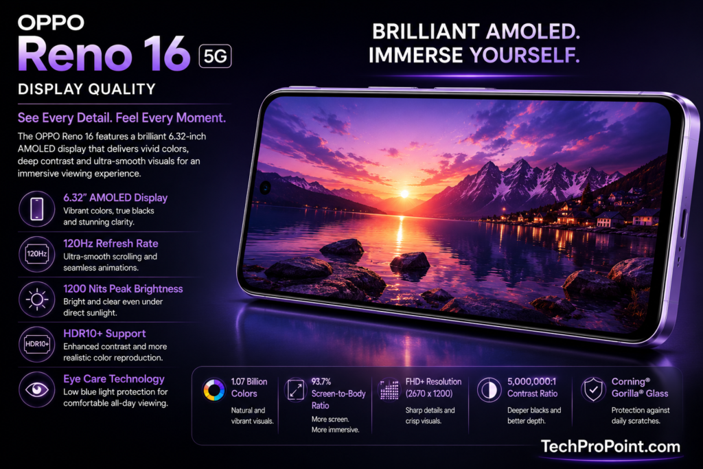 OPPO Reno 16 Review showing premium design, AMOLED display, triple camera setup, 6700mAh battery, 80W fast charging, AI features, gaming performance and final verdict.