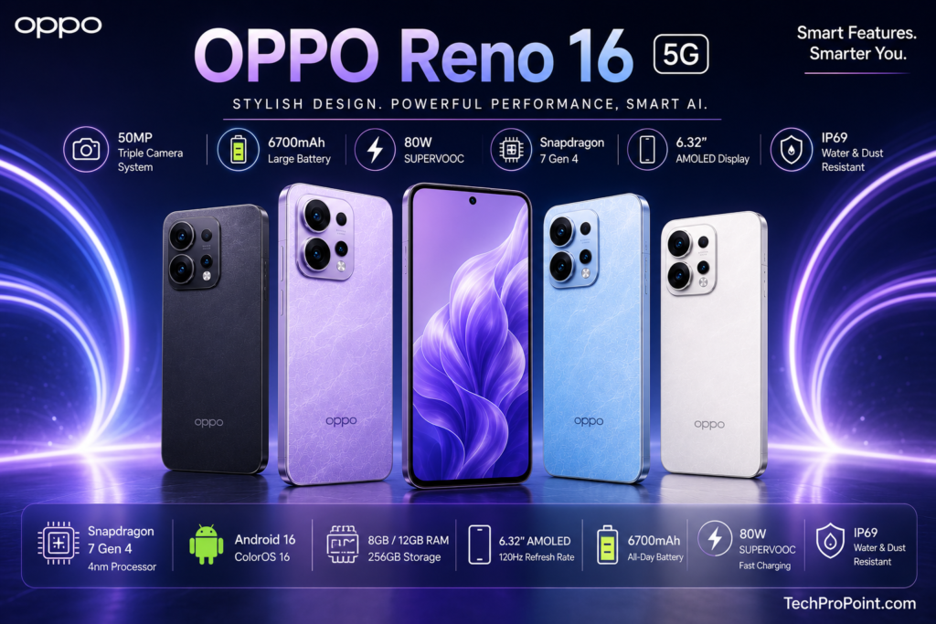 OPPO Reno 16 Review showing premium design, AMOLED display, triple camera setup, 6700mAh battery, 80W fast charging, AI features, gaming performance and final verdict.