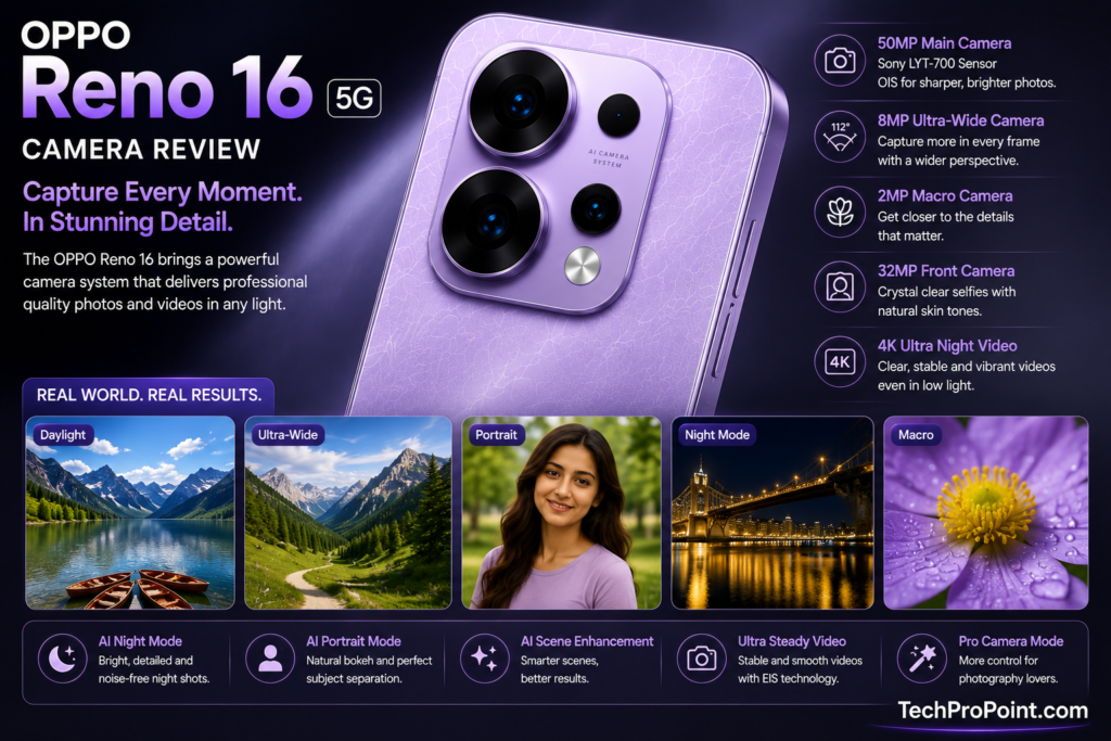 OPPO Reno 16 Review showing premium design, AMOLED display, triple camera setup, 6700mAh battery, 80W fast charging, AI features, gaming performance and final verdict.