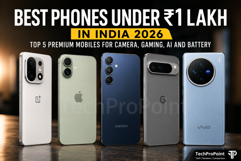 Best premium smartphones under ₹1 lakh in India 2026 with camera, gaming, AI, battery and TechProPoint rating comparison