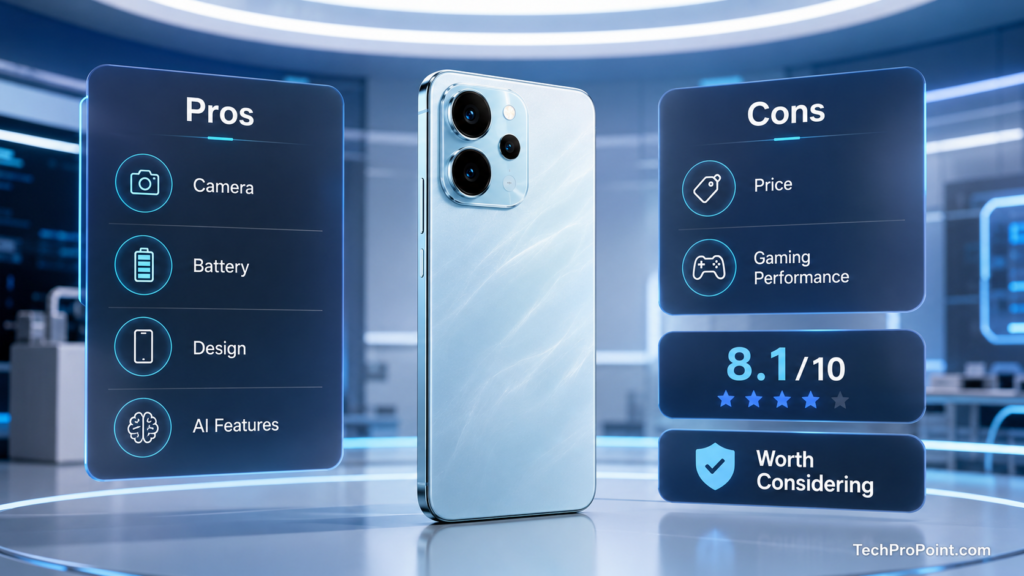 OPPO Reno 16 Review showing premium design, AMOLED display, triple camera setup, 6700mAh battery, 80W fast charging, AI features, gaming performance and final verdict.