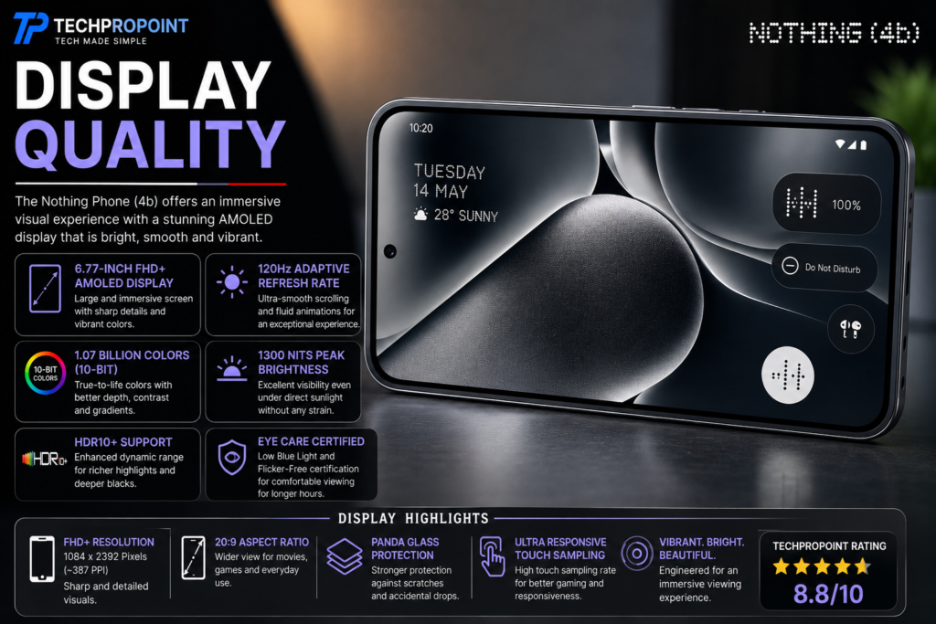 Nothing Phone (4b) review 2026 with design, display, performance, camera, battery, software, pros and cons, and TechProPoint rating