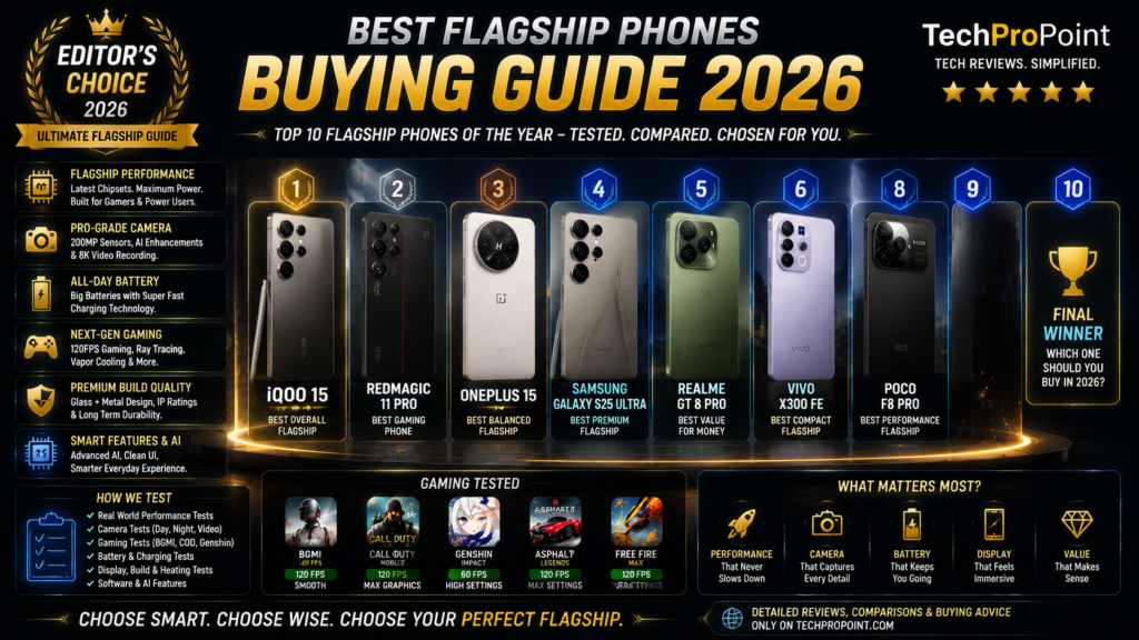 Best Gaming Phones Buying Guide 2026 comparing iQOO 15, RedMagic 11 Pro, OnePlus 15, Samsung Galaxy S25 Ultra, Realme GT 8 Pro, Vivo X300 FE and POCO F8 Pro