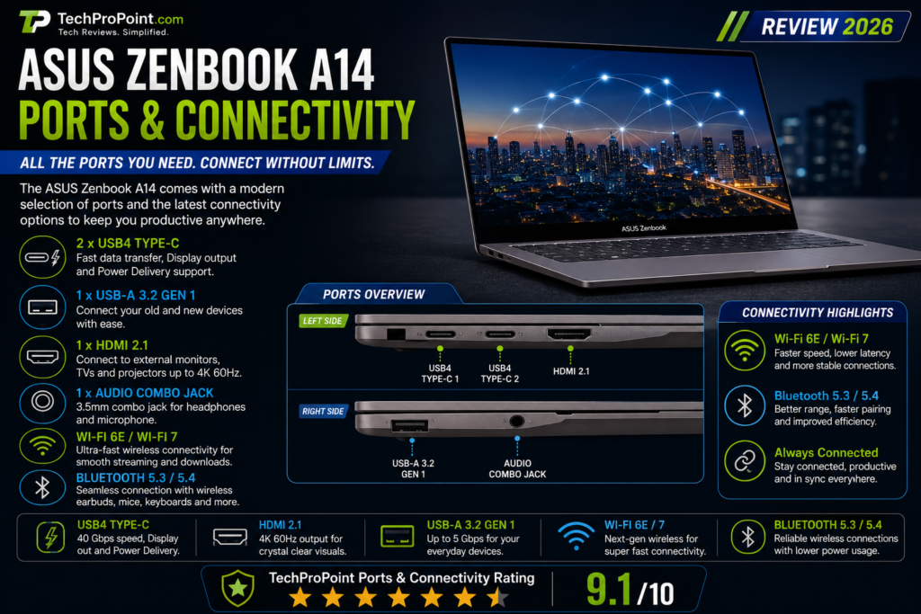ASUS Zenbook A14 Review 2026 showing premium lightweight design, OLED display, Snapdragon X2 Elite performance, AI features, long battery life, ports, keyboard and TechProPoint rating