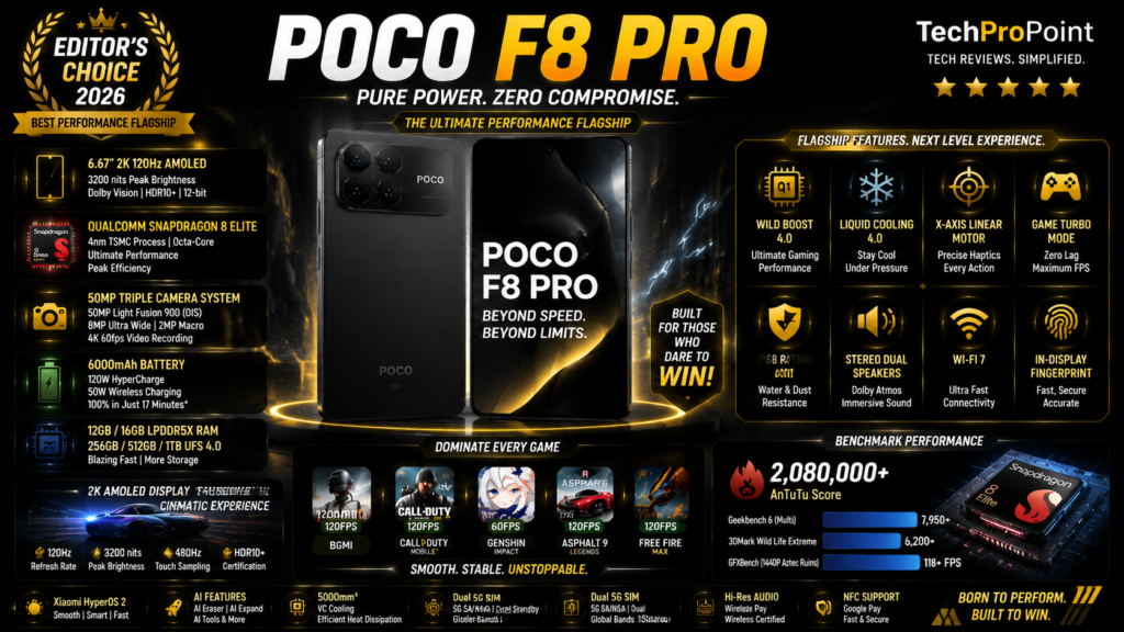 POCO F8 Pro flagship gaming smartphone with Snapdragon 8 Elite processor, AMOLED display, 100W fast charging and excellent value for money