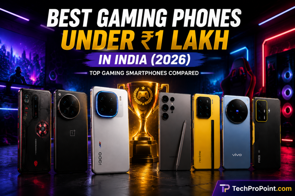 Best Gaming Phones Under ₹1 Lakh in India 2026 comparison featuring iQOO 15, RedMagic 11 Pro, OnePlus 15, Samsung Galaxy S25 Ultra, Realme GT 8 Pro, Vivo X300 FE and POCO F8 Pro – TechProPoint