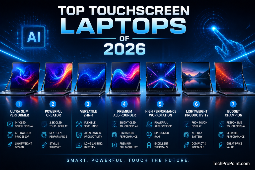 Best Touchscreen Laptops in 2026 featuring premium 2-in-1 convertible laptops with OLED touch displays, AI-powered performance, and modern lightweight designs."