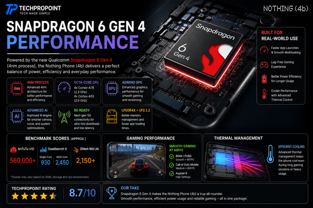 Nothing Phone (4b) review 2026 with design, display, performance, camera, battery, software, pros and cons, and TechProPoint rating