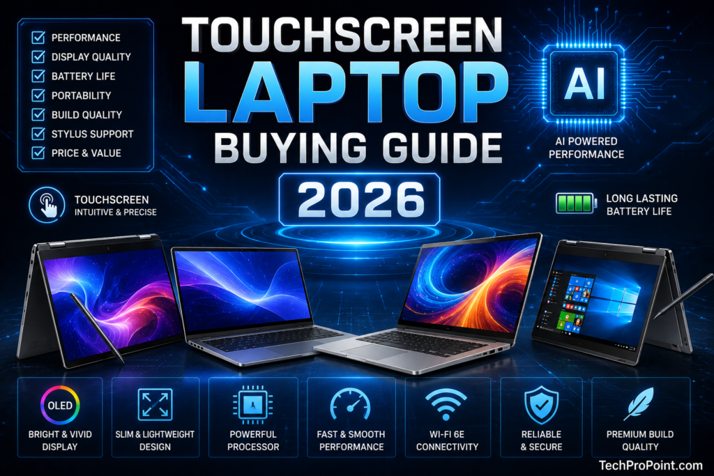 Best Touchscreen Laptops in 2026 featuring premium 2-in-1 convertible laptops with OLED touch displays, AI-powered performance, and modern lightweight designs."